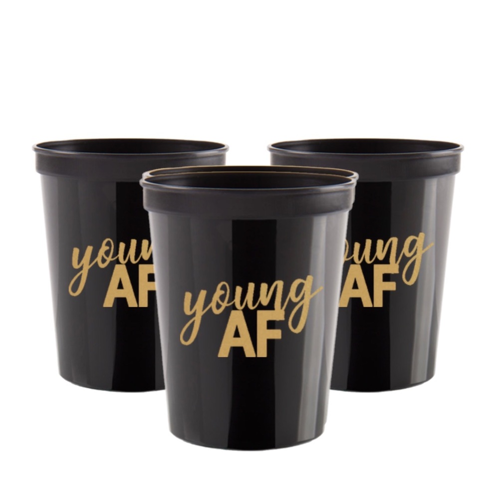 Adult Birthday Party Cups YOUNG AF Black Reusable Plastic Drinkware - Set of 8pc